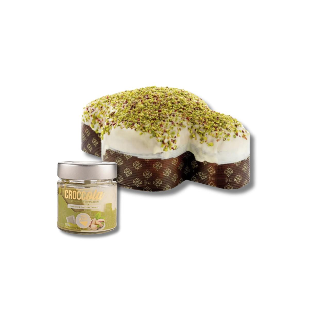 Colomba Artigianale al Pistacchio glassa cioccolato bianco e granella di pistacchio con vaso Croccola bianca, 750g + 190g